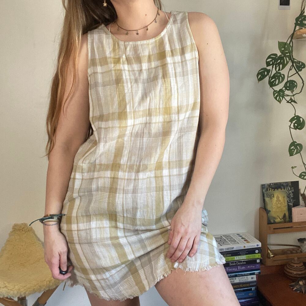 Vintage Natural Life Golden Tan Plaid Sleeveless Dress w/ Button Sides Sz M